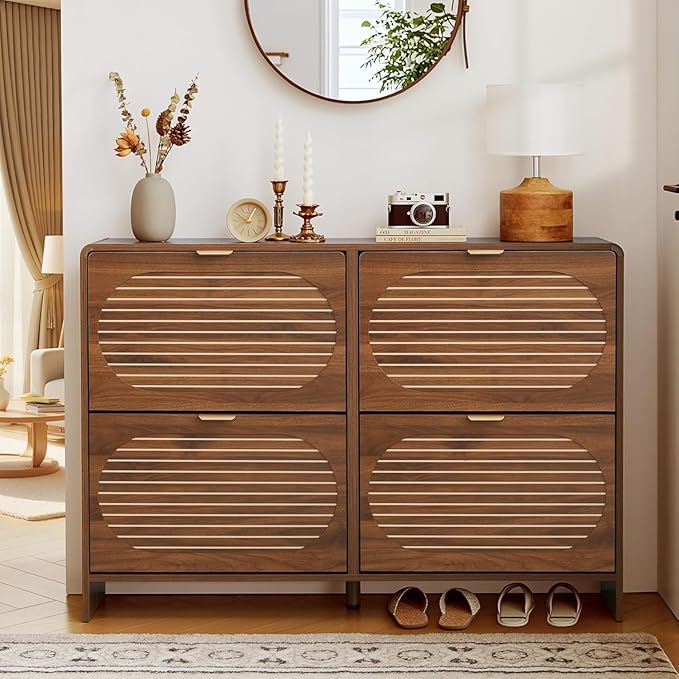 Curved Narrow Shoe Cabinet for Entryway with 4 Flip Drawers, Wooden Shoe Storage Cabinet with Stripe Panel, Freestanding Shoe Organizer Farmhouse Closed Shoe Rack for Hallway, Foyer(Walnut)-NeatNest