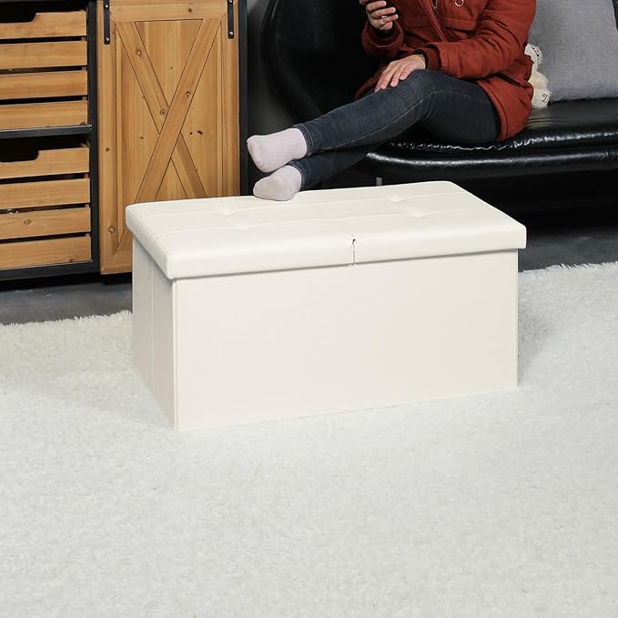 B FSOBEIIALEO Storage Ottoman with Filpping Lids, Ottoman Storage Bench Footrest Seat, Storage Chest Faux Leather 30"x15"x15" (White)