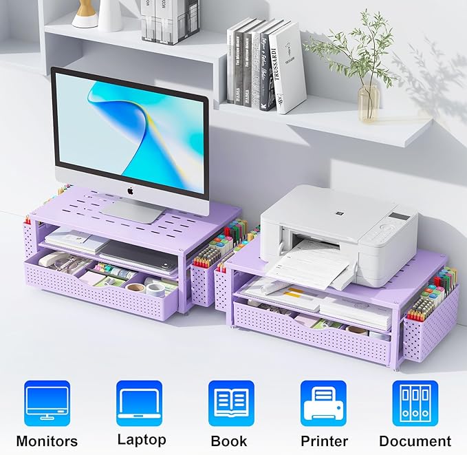 gianotter Desk Organizers and Accessories, Monitor Stand with Drawer and 2 Pen Holder, Purple Desk Accessories, Computer Stand Suitable for Offices and Dormitories (Purple)-NeatNest