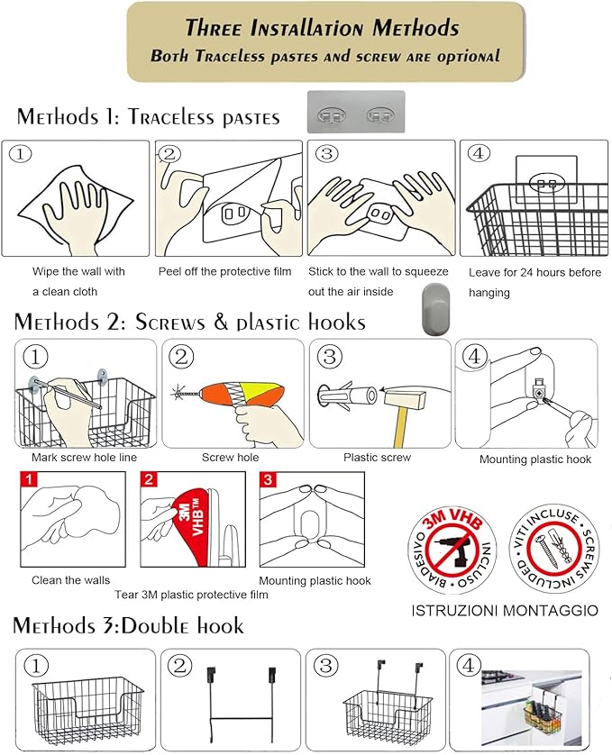Wire Storage Basket 2 Packs, Wall Mounted Kitchen Bathroom, Hanging Cabinet Door Storage Basket, no Drilling, Supporting 2 Types of Hooks, Strong Bearing, Suitable for Home, White