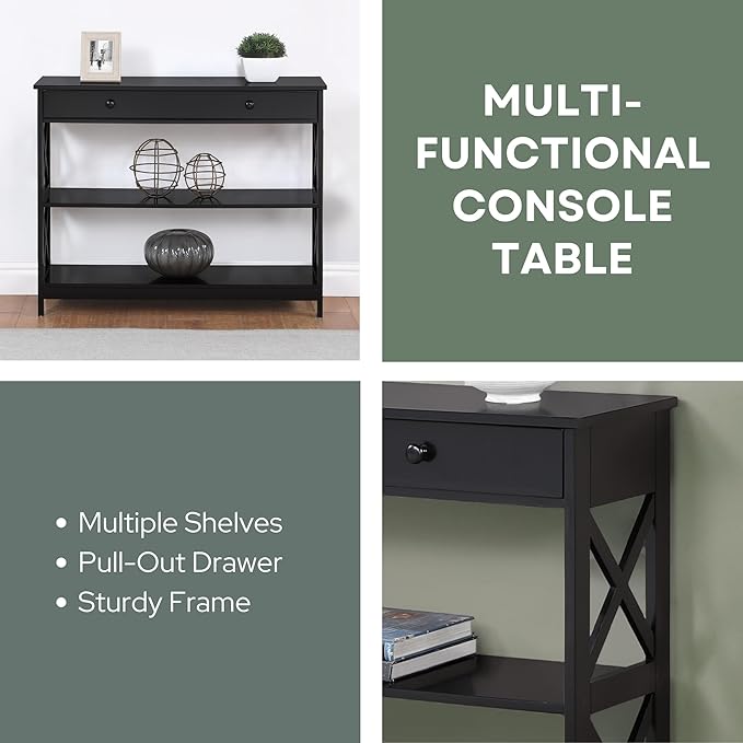 Convenience Concepts Oxford 1-Drawer Console Table 39.5" - Farmhouse Sofa Display with Storage Shelf For Living, Family, & Dining Room, Modern Entryway Hall Table for Kitchen, Bedroom, Black-NeatNest