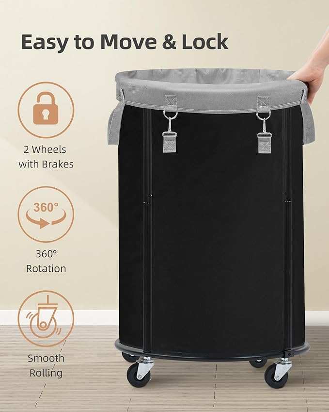 STORAGE MANIAC Rolling Laundry Hamper with Wheels 110L Laundry Basket, Round Laundry Cart with Metal Frame and Removable Bag, Clothes Hamper for Bedroom, Bathroom, Dorm Room, Laundry Room, Black