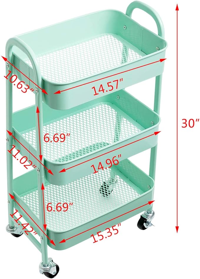 AGTEK Makeup Cart, Movable Rolling Organizer Cart, Macaron Blue 3 Tier Metal Utility Cart-NeatNest