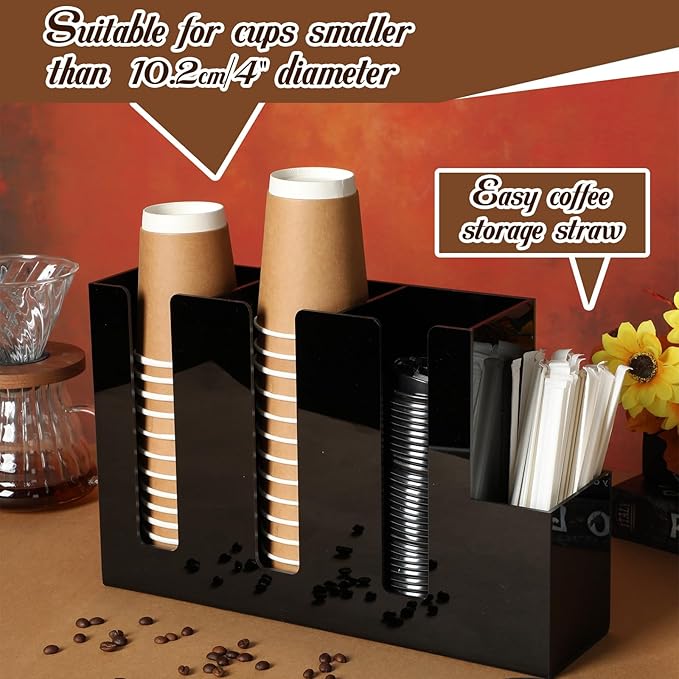 4 Compartments Acrylic Coffee Cup and Lid Storage Organizer Holder Disposable Paper Cup Dispenser Organizer Plastic Lid Holder Accessories for Kitchen Bar Shop Party Supplies(Black)