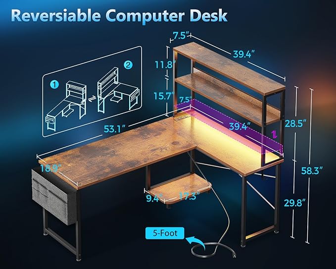 Casaottima Gaming Desk with Power Outlets & LED Lights, 53 Inch Reversible L Shaped Computer Desk with Shelves & Storage Bag, Corner Desk for Home Office, Vintage-NeatNest