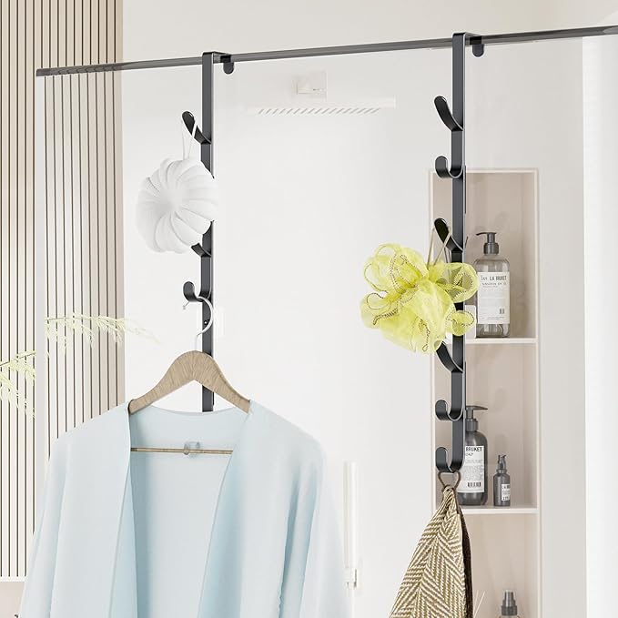 Over The Door Hooks, Metal Door Hooks for Hanging,Door Purse Organizer for Door Coat Hanger, Back of Shower for Hanging Towel Rack Clothes, Hat, Bathroom Bathroom Dorm Bedroom Closet (Black-2Packs)