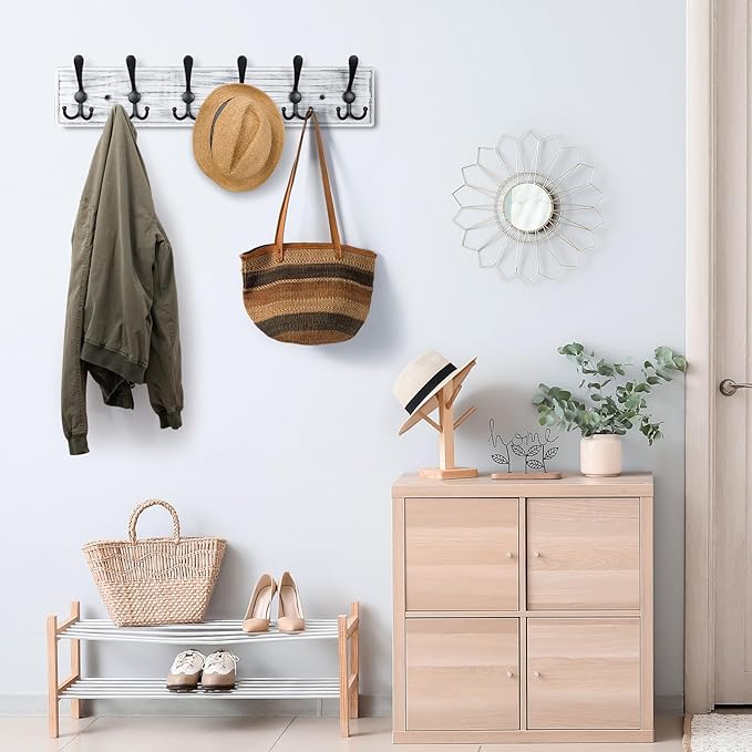 Coat Rack Wall Mount, Wooden Heavy Duty Coat Rack for Wall,6 Triple Coat Hanger Hooks for Hanging Coats,Jacket,Hat,Clothes (Grey White, 6 Hooks)-NeatNest