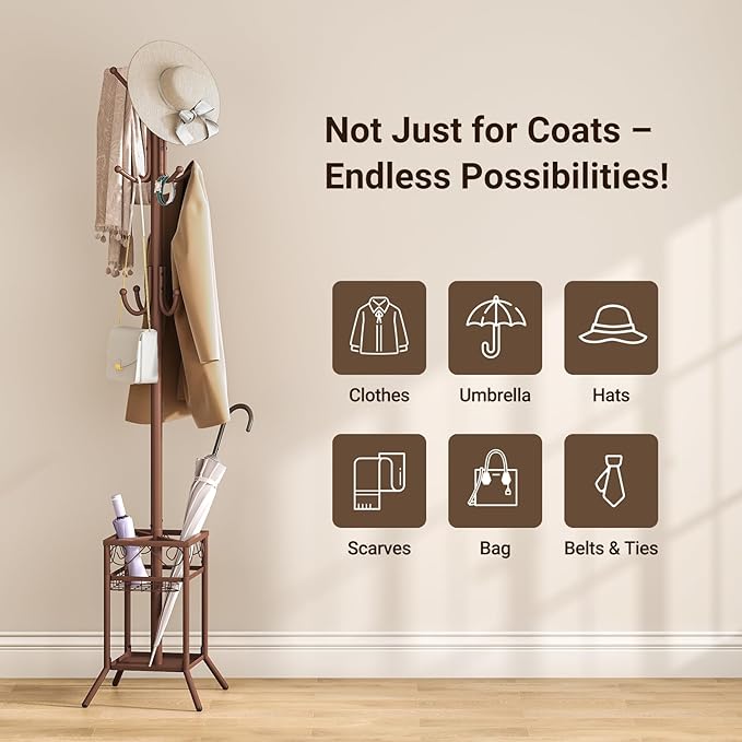 ELYKEN Coat Rack Freestanding, Metal Coat Rack Stand with Umbrella Holder, Modern Coat Tree with 12 Hooks, Floor Standing Corner Hall Tree for Entryway Living Room Bedroom Office, Brown-NeatNest