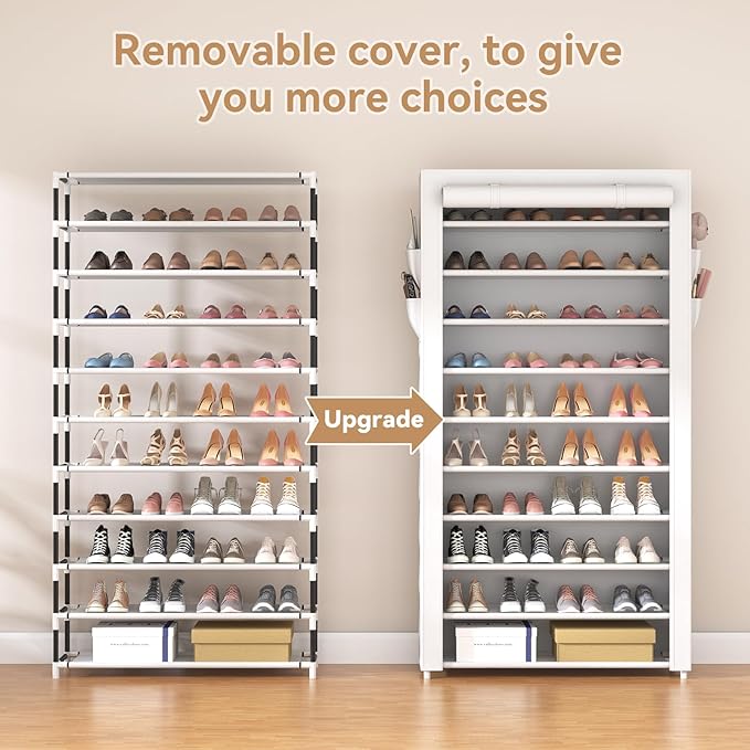 ROJASOP Shoe Rack with Covers 10 Tier Large Shoe Organizer Tall Shoe Closet Storage for 50-55 Pairs Shoe and Boot, Free Standing Shoe Rack Organizer for Closet, Entryway, Bedroom, White-NeatNest