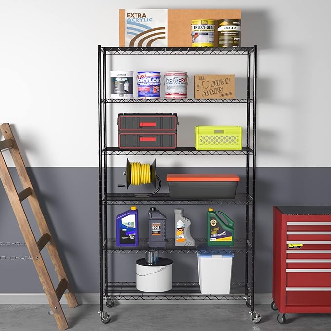 6 Tier Adjustable Metal Shelf Wire Shelving Unit Storage with Wheels 2100LBS Capacity 18" D x 48" W x 82" H for Restaurant Garage Pantry Kitchen Garage Rack,Black-NeatNest