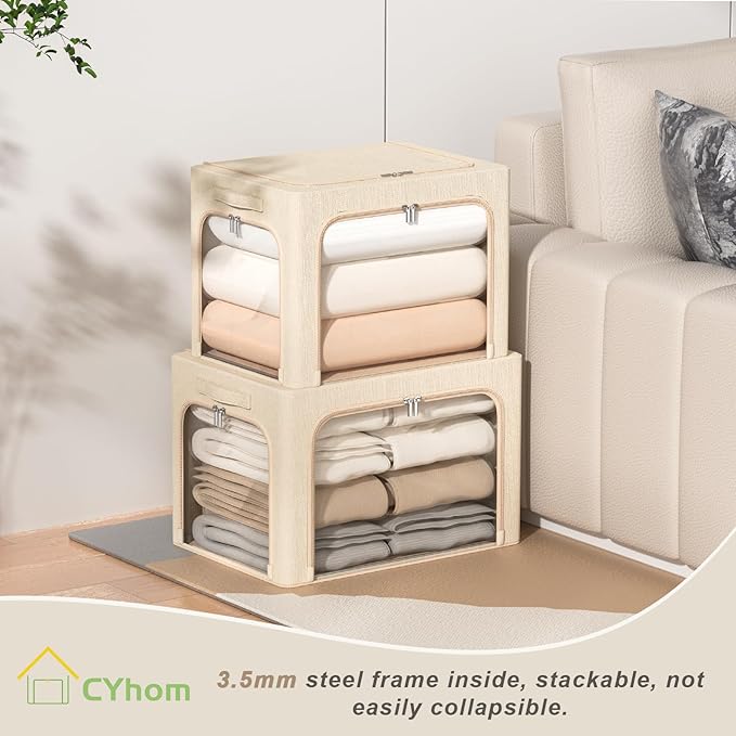 3 Openings Clothes Storage Bins Box - 3Pack Stackable Foldable Storage Bin - Metal Frame Storage Box Clothing Storage Organizer with Clear Window, Carry Handles (66L-19.7x15.7x13in, Beige)-NeatNest