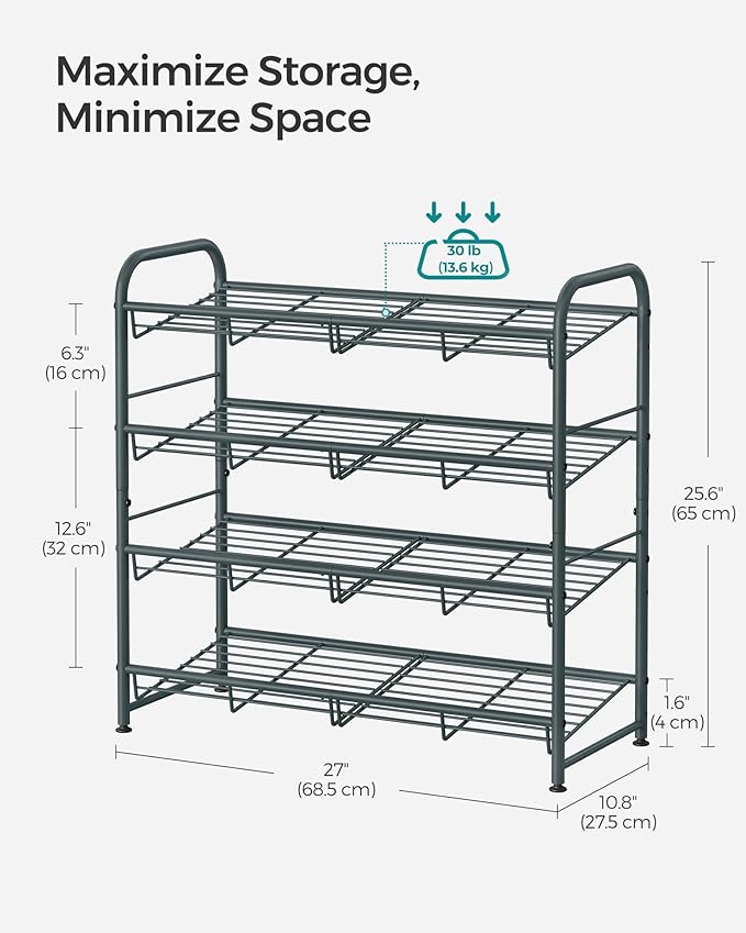 SONGMICS Shoe Rack, 4 Tier Shoe Organizer for Closet, Holds up to 16 Pairs of Shoes, Shoe Rack for Front Door Entrance, Metal Shoe Shelf with Adjustable Tilt Angle, for Entryway, Garage, Grey-NeatNest