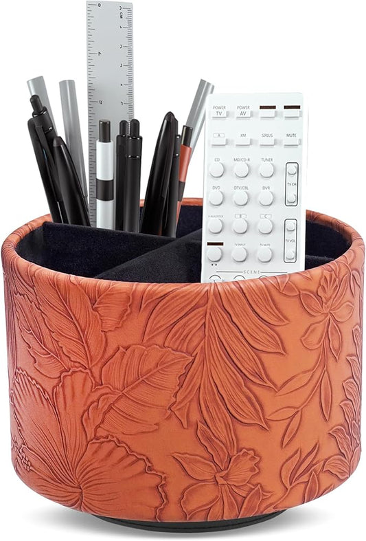 Hennaja Round Leather Art Supply Organizer,Remote Control Holder,360 Degree Spinning,Multi-Functional Pencil Holder,4 Compartments Desktop Stationary Organizer(1-Carved Brown)-NeatNest