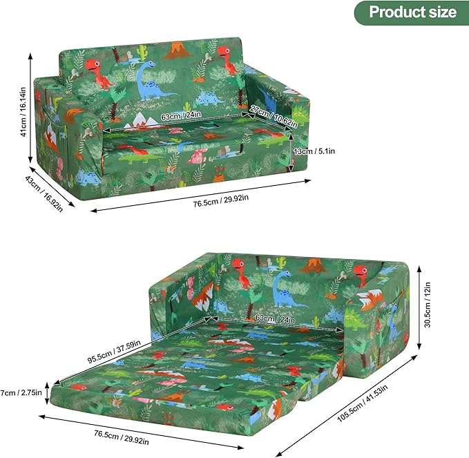 Foam Kid Sofa Couch, 2 in 1 Convertible Sofa to Bed for Baby,Velvet Toddler Sofa Chair with Side Pocket for Kid Playing (W29.92) (Green)-NeatNest
