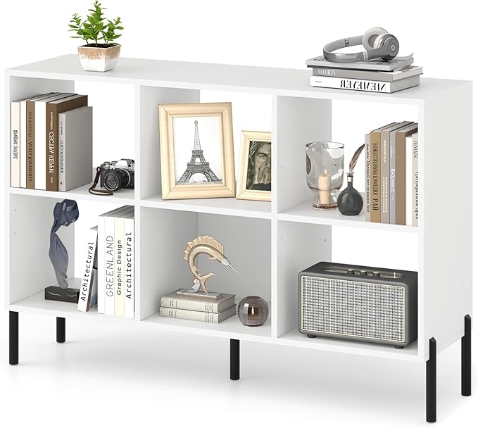 6 Cube Bookcase, Wood Storage Organizer with 5 Metal Legs, Bookshelf with Storage, Cubical Storage Shelf, Wooden Book Shelf, Display Shelves for Bedroom, Living Room, Entryway (White)