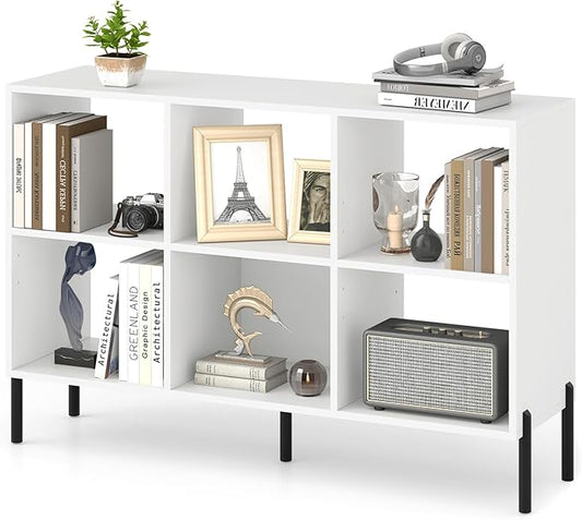 6 Cube Bookcase, Wood Storage Organizer with 5 Metal Legs, Bookshelf with Storage, Cubical Storage Shelf, Wooden Book Shelf, Display Shelves for Bedroom, Living Room, Entryway (White)