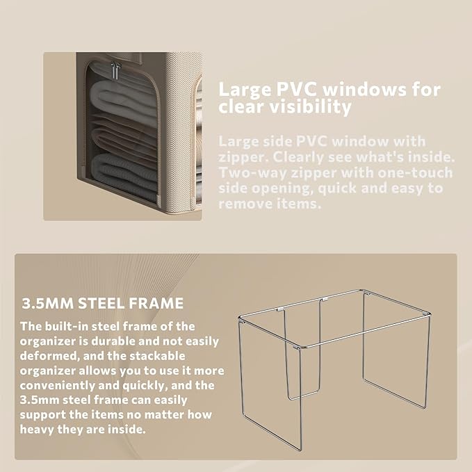 3Pack Clothes Storage Bins - Oxford Frame Storage Box Foldable Stackable Storage Organizer with 3 Openings Design, Metal Frame, Clear Window, Carry Handles (66L-19.7 * 15.7 * 13, Beige)-NeatNest