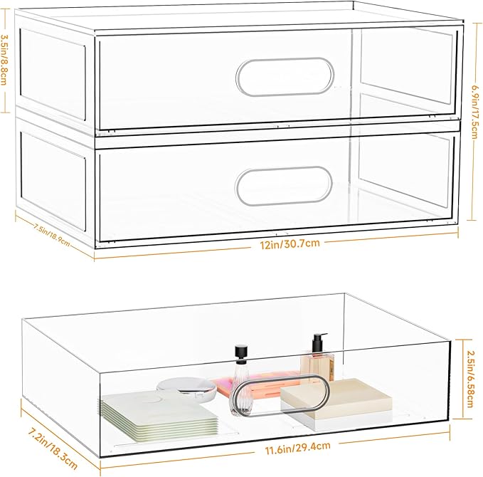 Clear Makeup Storage Drawer, 12''W Stackable Bathroom Organizers and Storage Drawer, Acrylic Cosmetic Display Case For Vanity, Undersink, Cabinets, Desk Organizer (3 Pack)-NeatNest