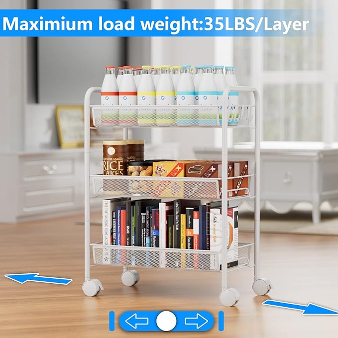 OVICAR Mesh Wire 3 Tier Rolling Cart, Kitchen Storage Utility Cart, Multifunction Basket Stand for Bathroom, Full Metal Storage Art Trolley Carts with Wheels & 4 Side Hooks (White)
