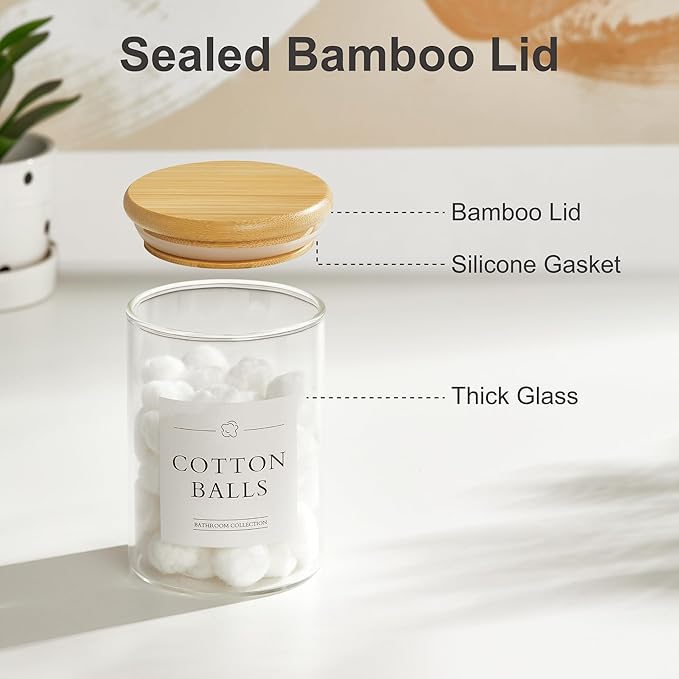 2 Pack Qtip Holder Dispenser - Glass Apothecary Jars with Lids, Cotton Ball Pad Swab Round Holder, Bamboo Bathroom Accessories, Bathroom Organizers Containers Jars Canisters with Lids-NeatNest