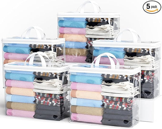 5PACK Clear Zippered Storage Bag for Clothes, 22L Clear Storage Bags, and Blanket Storage Bags for Bedding, Blankets, Comforters, Clothing, Books, DVD & CD (White)-NeatNest