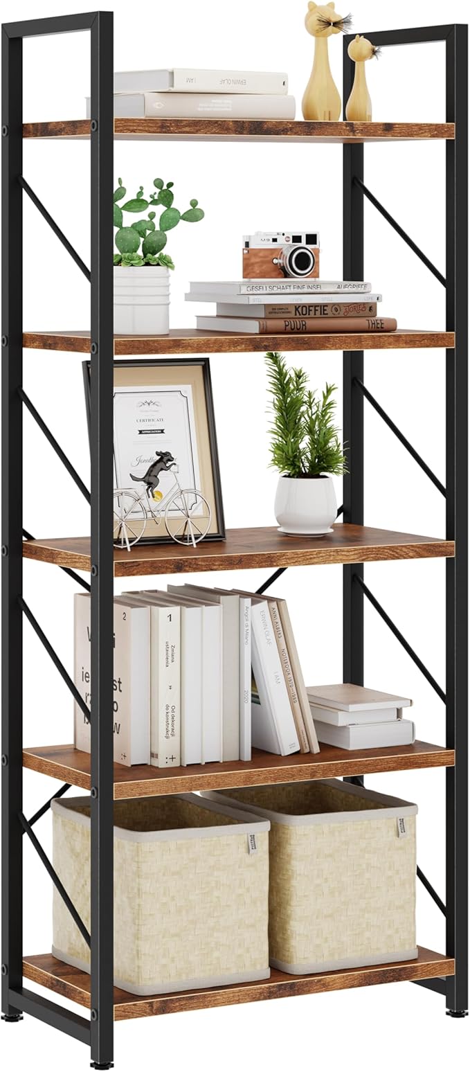 Bookshelf, 5 Tier Bookshelves, Home Office Bookcase Shelf Storage Organizer, Free Standing Storage Shelving Unit for Bedroom, Living Room and Home Office,Rustic Brown-NeatNest