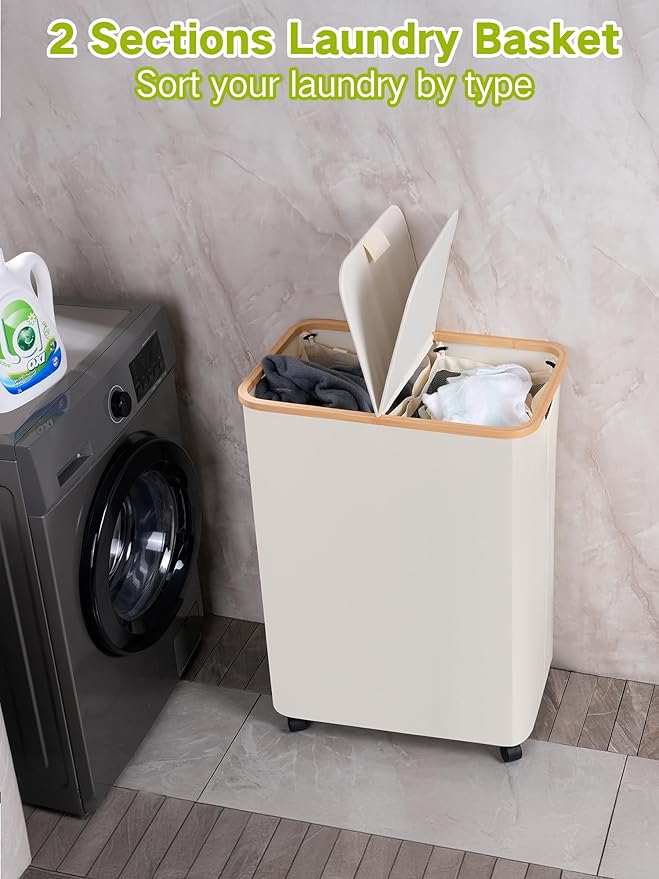 efluky Double Laundry Hamper with Wheels, Divided Laundry Hamper with Removable Bags, 2 Section Dirty Clothes Basket with Handles for Bathroom, Bedroom & Laundry Room, 160L Beige-NeatNest