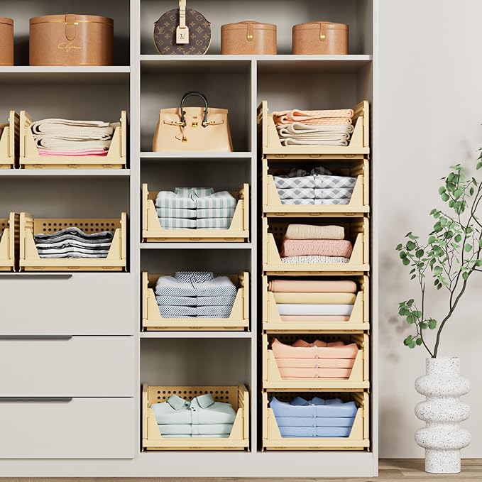5 Pack Stackable Closet Storage Basket - Stackable Storage Bins, Multifunctional & Foldable Closet Organizer, Wardrobe Cupboard Space-Saving Hat Storage Drawer Organizer, Yellow-NeatNest