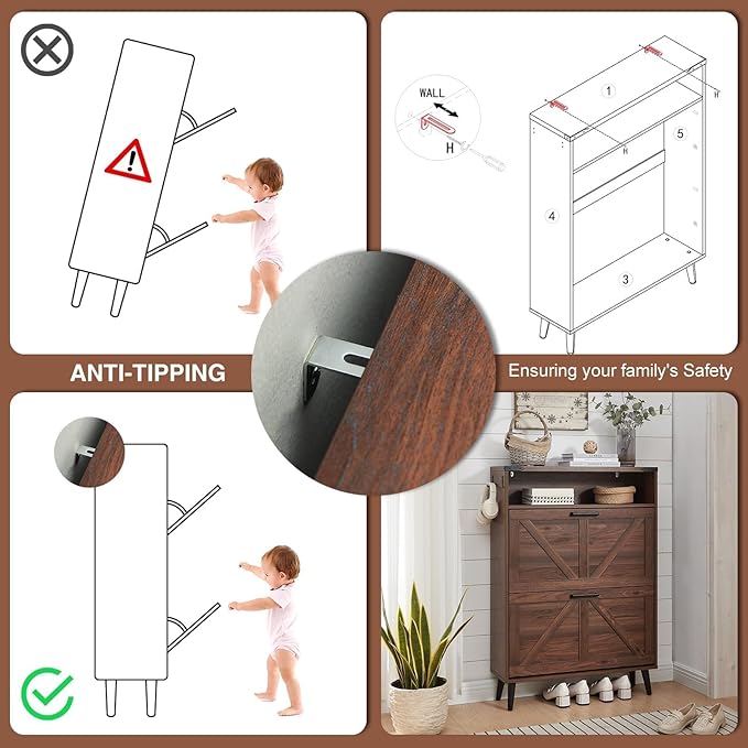 Shoe Storage Cabinet,Farmhouse Shoe Organizer with 2 Flip Drawers & Barn Door Design,Freestanding Hidden Slim Narrow Shoe Rack Cabinet with Open Storage for Entryway, Foyer,Hallway, Walnut-NeatNest
