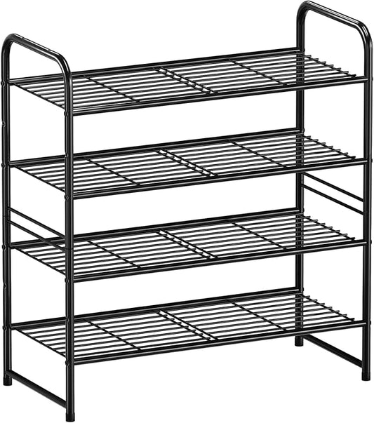4-Tier 27” Wide Shoe Rack for Closet, Metal Stackable Shoe Shelf Organizer, Holds 14 Pairs, Black-NeatNest