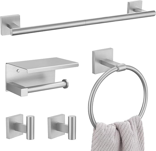 5PCS Brushed Nickel Bathroom Hardware Set, SUS304 Stainless Steel Towel Bar Set-23.6 inches Towel Bar, Toilet Paper Holder with Shelf, Towel Ring and Two Towel Hooks, Towel Holder Set Wall-Mounted