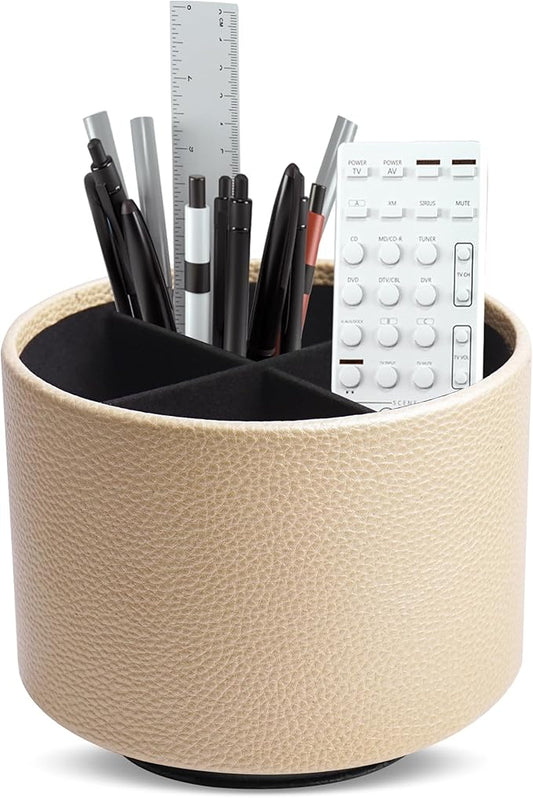 Hennaja Round Leather Art Supply Organizer,Remote Control Holder,360 Degree Spinning,Multi-Functional Pencil Holder,4 Compartments Desktop Stationary Organizer(1-Lichee Gold)-NeatNest