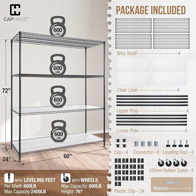 CAPHAUS NSF Commercial Grade Heavy Duty Wire Shelving w/Wheels, Leveling Feet & Liners, Storage Metal Shelf, Garage Shelving Storage, Utility Wire Rack Storage Shelves, 60 x 24 x 76 4-Tier w/Liner-NeatNest