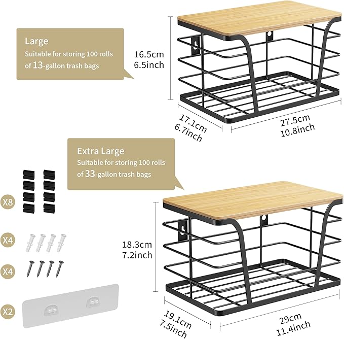2 Pack Extra Large Stackable Pantry Storage Organizers, Laundry Room Organization, Wall Mount Trash Bag Holder for 13-33 Gallon Bags with Bamboo Top & Garbage Bag Dispenser, Black