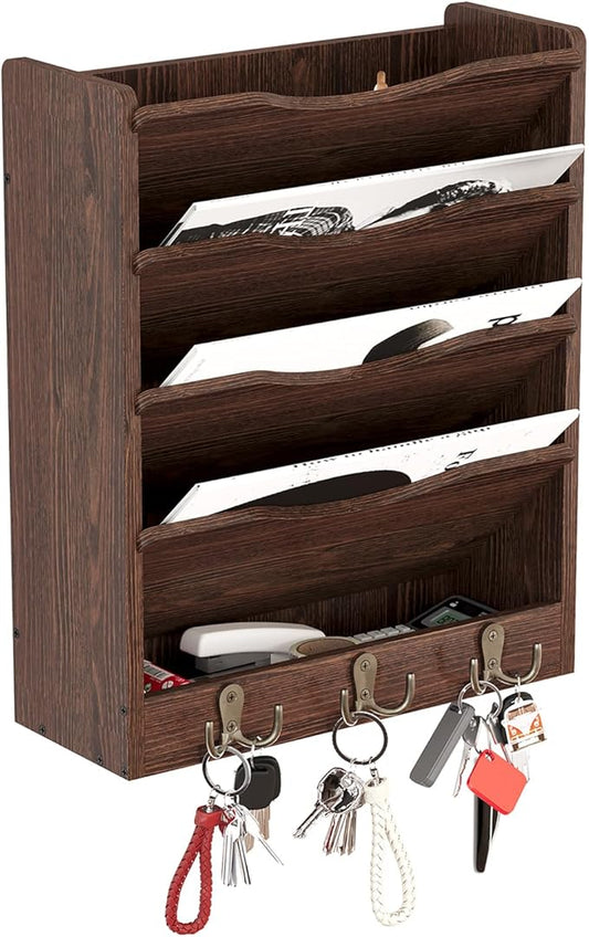 5 Tier Hanging Wall File Holders Letter Size Wall File Organizer Wood Mail Organizer with 6 Hooks, Brown