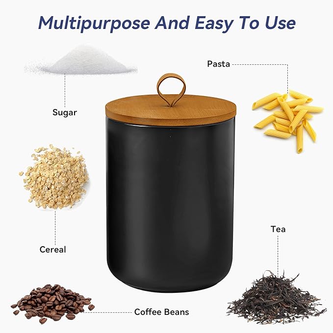Ceramic Storage Jars, Modern Elegant Highly Polished Airtight Gorgeous Storage Canisters with Wooden Lid Small Food Stroage Jar for Kitchen Spice Tea Vanilla Sugar Coffee Beans (Black trumpet)-NeatNest