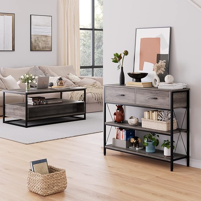 HITHOS Industrial Console Table with Drawers, Vintage Hallway Foyer Table with Storage Shelves, Narrow Long Sofa Entryway Table for Living Room, Grey-NeatNest