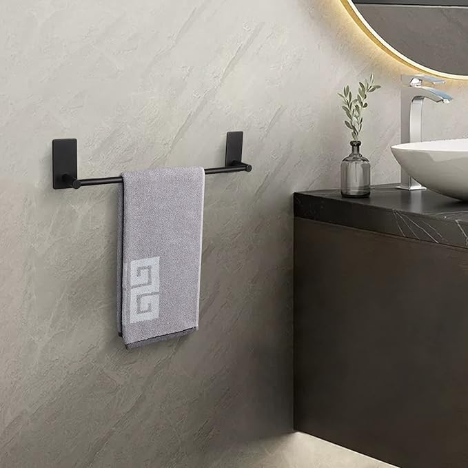 NearMoon Self Adhesive Bathroom Towel Bar- Stainless Steel Bath Wall Shelf Rack Hanging Towel Stick On Sticky Hanger Contemporary Style, NO Drilling (2 Pack, Matte Black, 12-Inch Towel Rack)