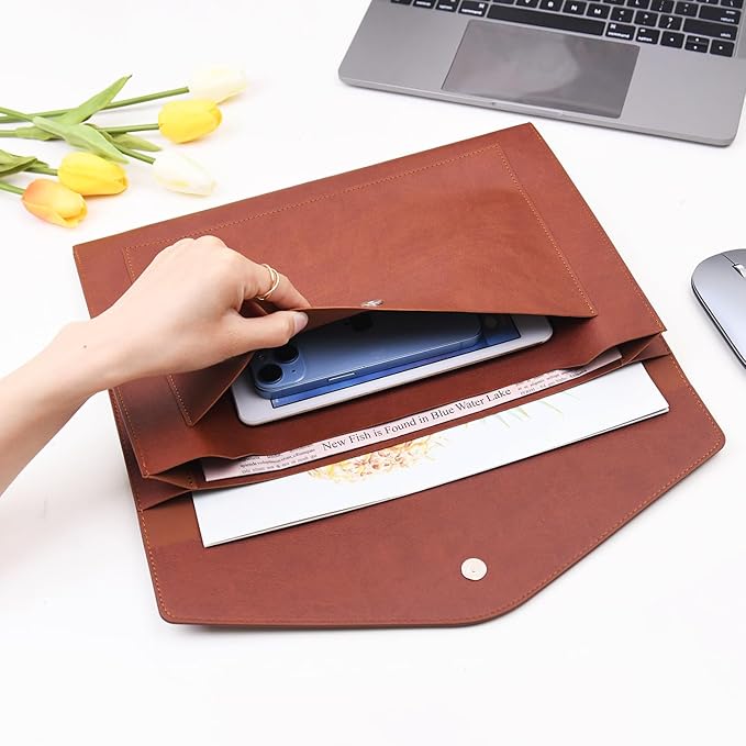 Wason Expanding A4 Document File PU Leather Envelope Case Holder-Large Size Pockets for Paper Bills Stationery Tablet and PC, Work Study Traveling (Dark Brown)