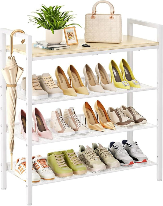 Shoe Rack for Front Door Entrance, 4 Tier Shoe Rack for Entryway, 12-16 Pairs of Shoes, Metal Shoe Racks Organizer, Free Standing Shoe Racks for Closet, Garage, Outdoor (White+Beige)-NeatNest