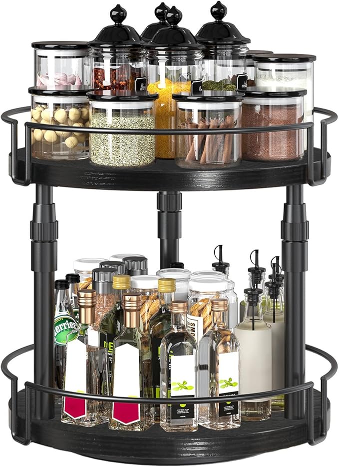 HOOBRO Lazy Susan Organizer Spice Rack, 2-Tier Height Adjustable Rotating Lazy Turntable Spice Organizer, for Kitchen Countertop and Cabinet, Black BB05TL01-NeatNest