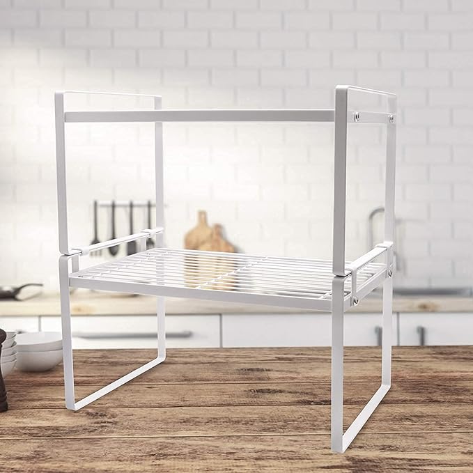 2 Pack Kitchen Cabinet Shelf Counter Organizer Rack Pantry Storage Bathroom Bedroom Office Table Desk Space Saving Steel Frame Stackable Rust Resistant Non Slip White-NeatNest