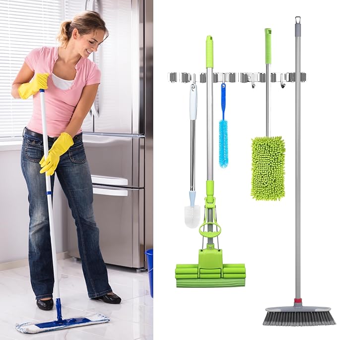 Broom Holder Wall Mount, Broom Organizer Wall Mount Stainless Steel Broom and Mop Hanger Heavy Duty Storage Organization for Home Kitchen Garden Garage Room 5 Racks 4 Hooks (2PACK)(Grey Racks)-NeatNest