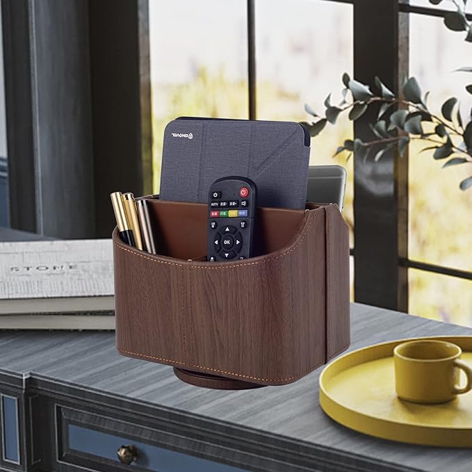 Brown 360 Degree Swiveling TV Remote Control Holder/Caddy, Leather Desk Organizer for Office and Home Furniture Decoration Storage Box(Dark wood grain)-NeatNest