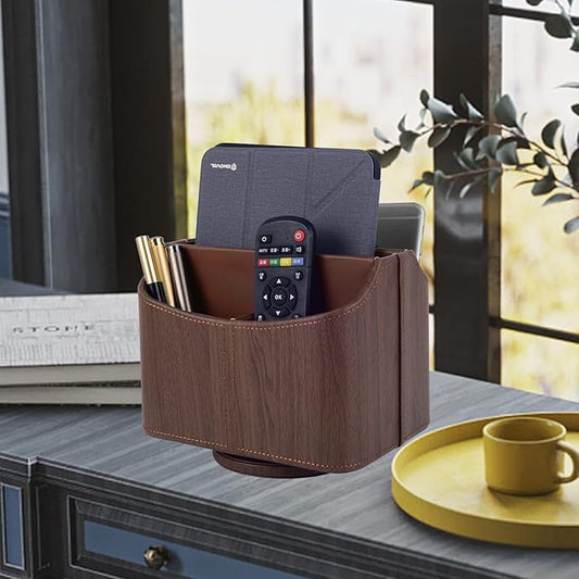 Brown 360 Degree Swiveling TV Remote Control Holder/Caddy, Leather Desk Organizer for Office and Home Furniture Decoration Storage Box(Dark wood grain)-NeatNest