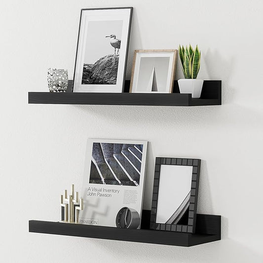 Floating Shelves for Wall, 16 inch Solid Wood Picture Ledge Shelf, Picture Shelf for Wall with Ledge, Floating Book Shelves for Living Room Bedroom Kitchen Nursery Decor, Black, Set of 2-NeatNest