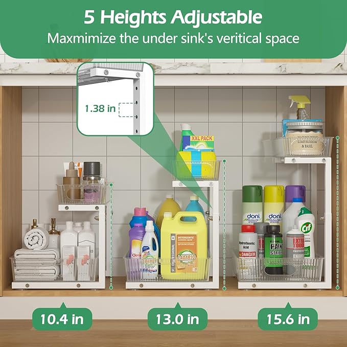 ADRIMER Under Sink Organizer 2 Packs, Pull Out Kitchen Sink Organizer, 2 Tier Slide Out Kitchen Organizers and Storage Bathroom Under Cabinet Storage Shelf, Transparent & White-NeatNest