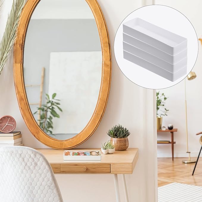 4 Pack Plastic Drawer Organizer 9.5 x 3 x 1.4 Inch Tabletop Organizer Tray Stationery Holder White Half Accessory Tray Stackable Storage Container for Vanity Office Home Utensils Gadgets Shelf Kitchen-NeatNest