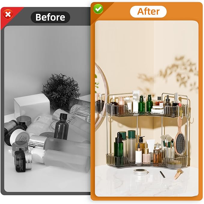 Makeup Organizer for Vanity 2 Tier Bathroom Organizers and Storage Countertop with Hooks Skin Care Exquisite Vanity Organizers Corner Bathroom Counter Storage-Cray-NeatNest