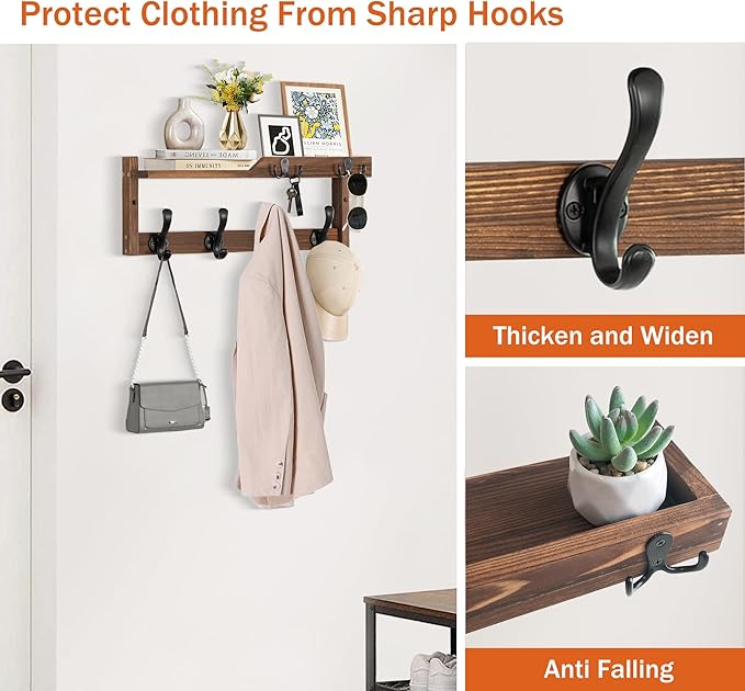 Coat Rack Wall Mount with Shelf, Coat Hanger Wall Mount with Key Hooks and Mail Holder, Wood Entryway Floating Shelf with Hooks and Storage, Hat Rack for Wall Key Holder Mail Organizer-NeatNest